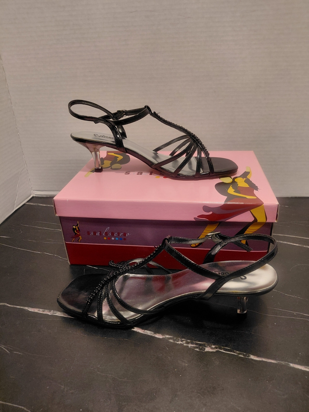 Sleek Black Beaded T-Strap Heeled Sandals - Picture 2 of 6
